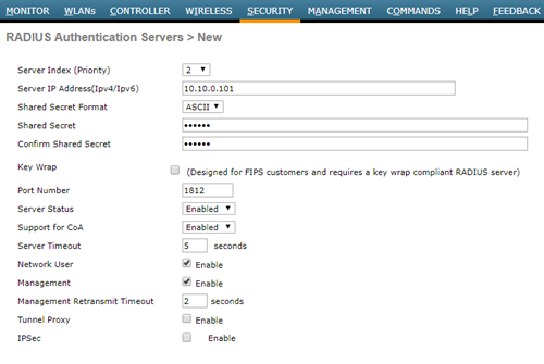 WLC - Cadastrando Radius Server